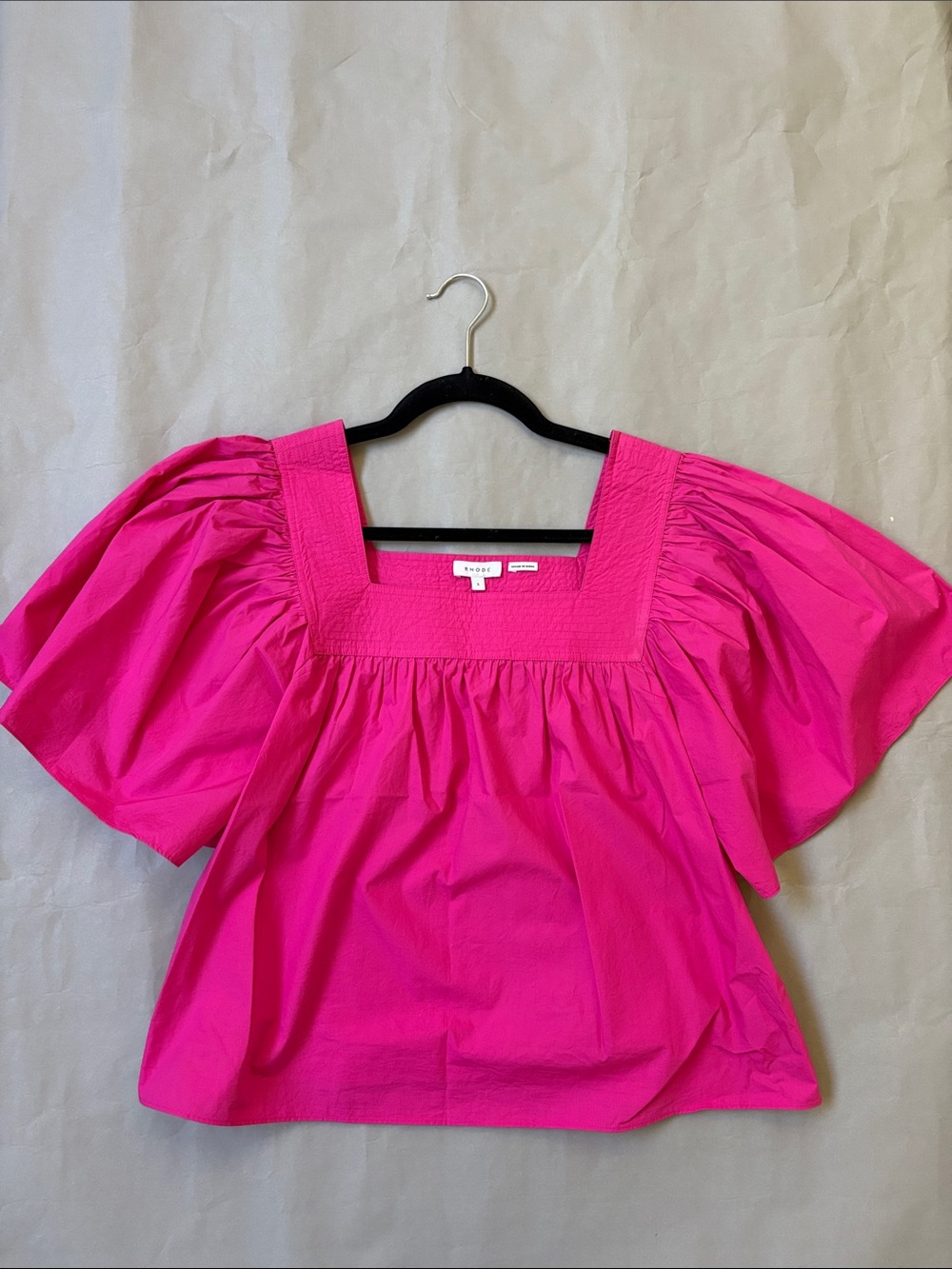 NWOT Rhode Smocked Square-Neck Puff Sleeve Top - Hot Pink Small